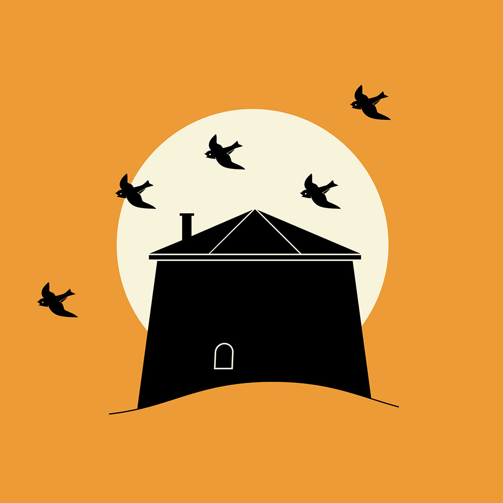 Illustration d'Halloween de la tour Martello avec des oiseaux qui volent