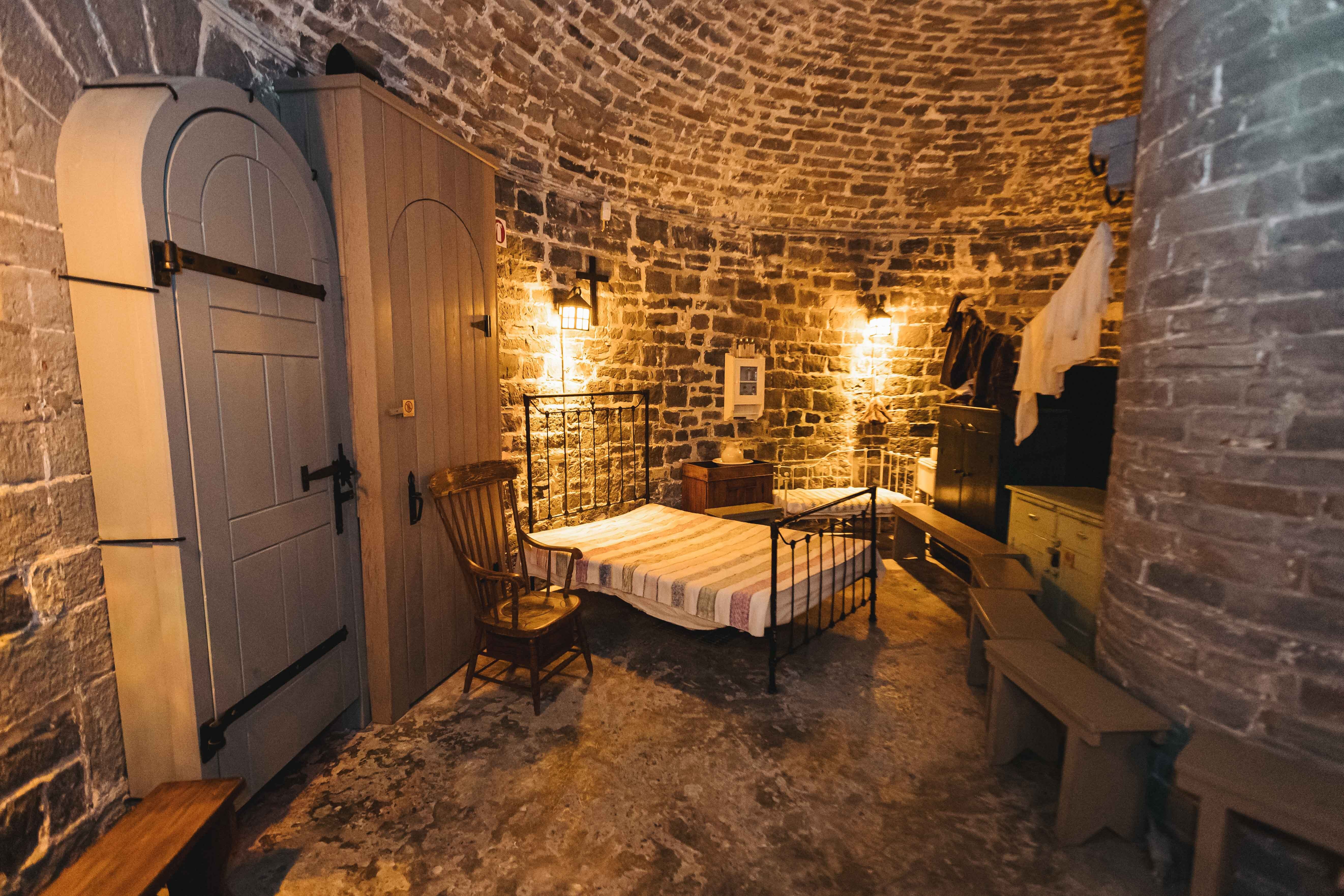 Interior view of Martello Tower 4 in Quebec, showcasing the stone architecture and historical fortifications.