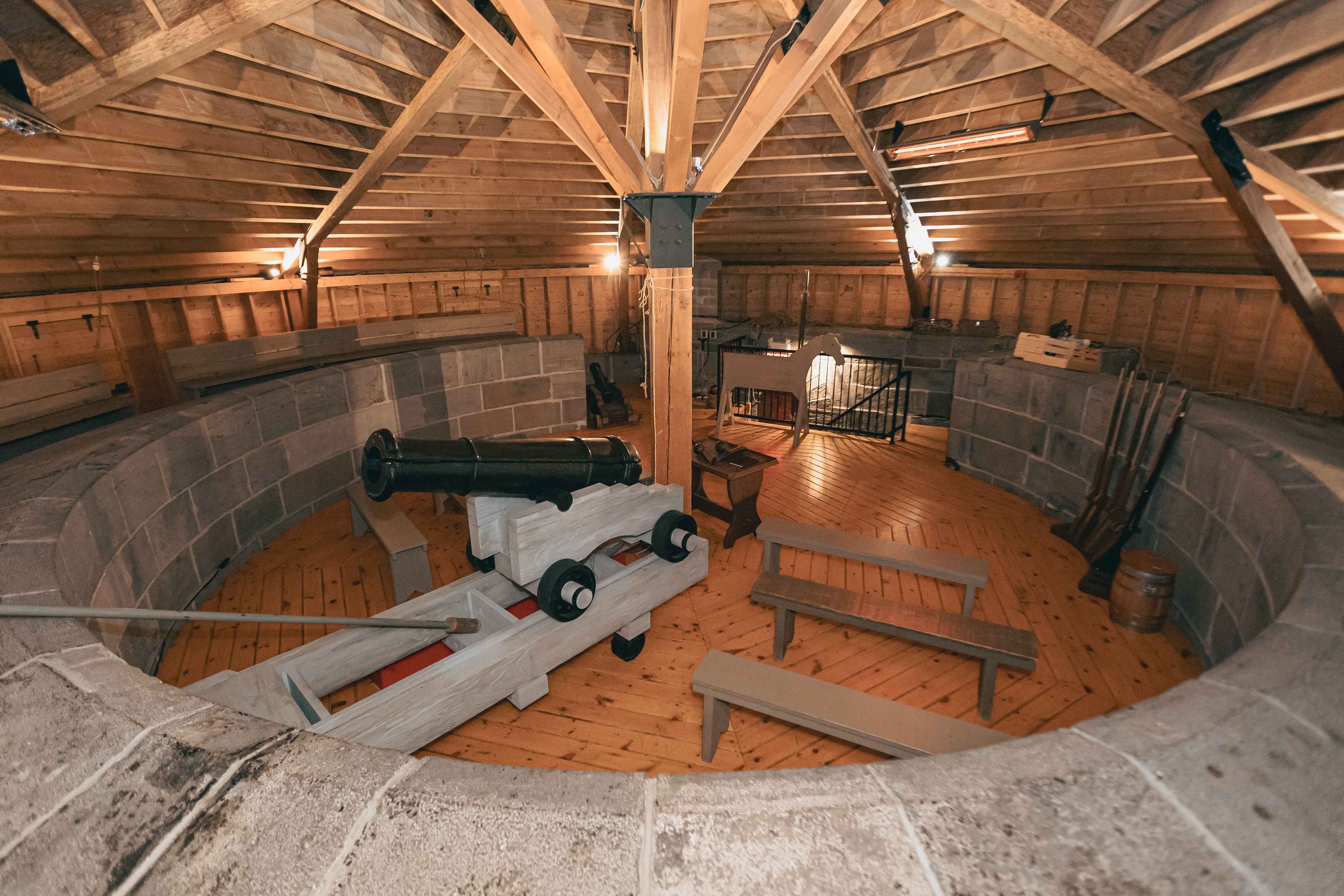 Interior view of Martello Tower 4 in Quebec, showcasing the stone architecture and historical fortifications.