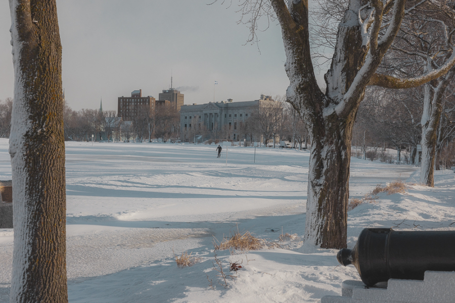 Un skieur au loin profite des pistes de ski de fond sur le terrain des sports des plaines d'Abraham. A skier in the distance enjoying the cross-country ski trails on the Plains of Abraham sports field.