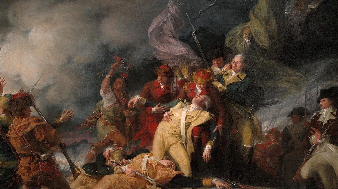 Here Trumbull memorializes the death of a hero of the American campaign against the British in Canada. The diagonal composition, contrasts of light and dark, use of blazing colors, and depiction of action close to the picture surface all heighten the drama.