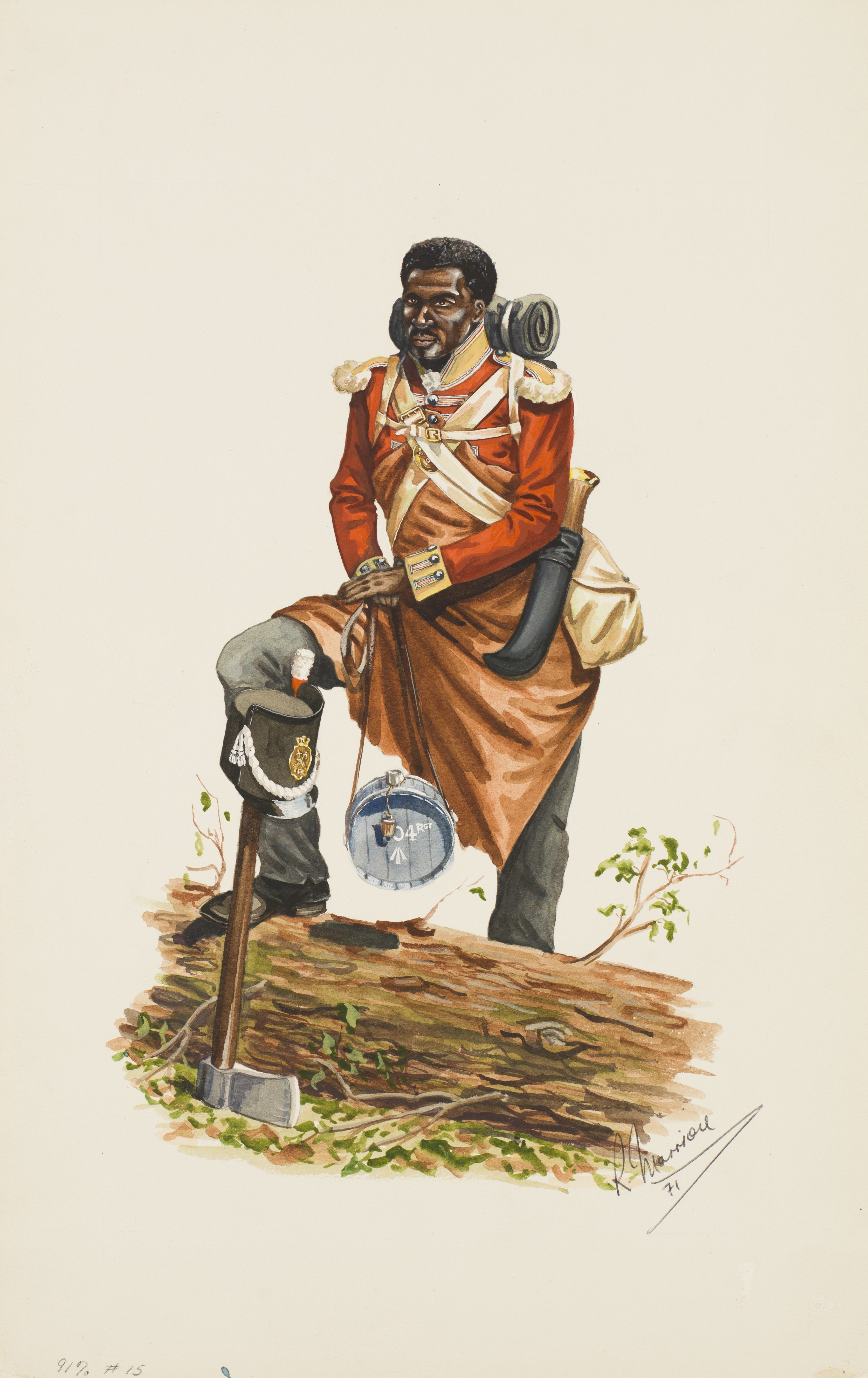 Peinture illustrant un soldat noir du 104e régiment, Nouveau-Brunswick, appuyé sur un tronc d'arbre. Collection d'art militaire Beaverbrook Musée canadien de la guerre.