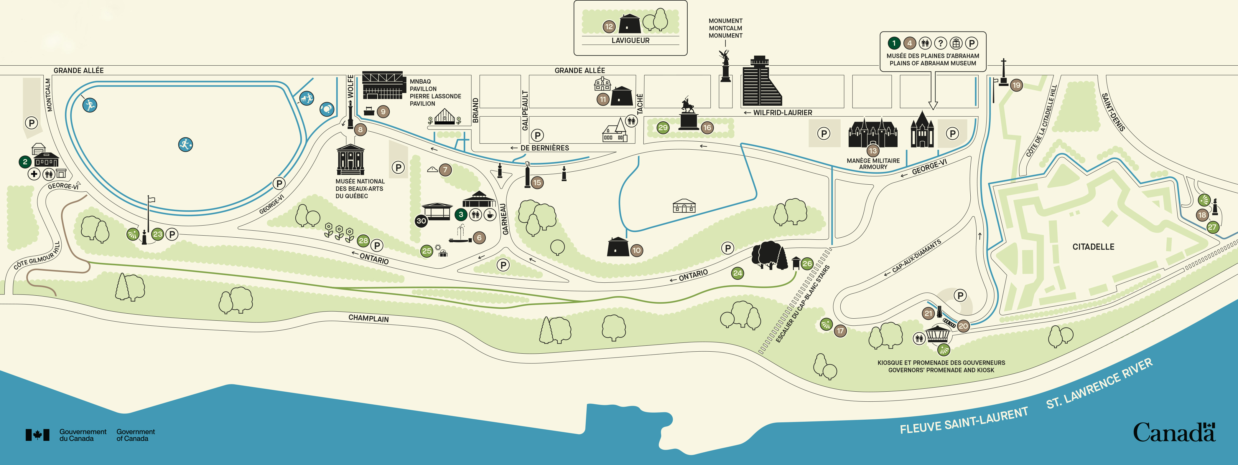 Carte du parc incluant les monuments, les points d'intérêt, les bâtiments et les sentiers des plaines d'Abraham