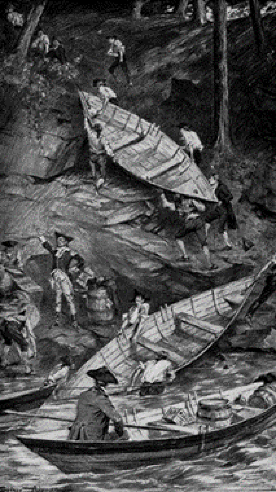 Sydney Adamson (1903). Carrying the bateaux at Skowhegan Falls [gravure par C.W. Chadwick]. Library of Congress