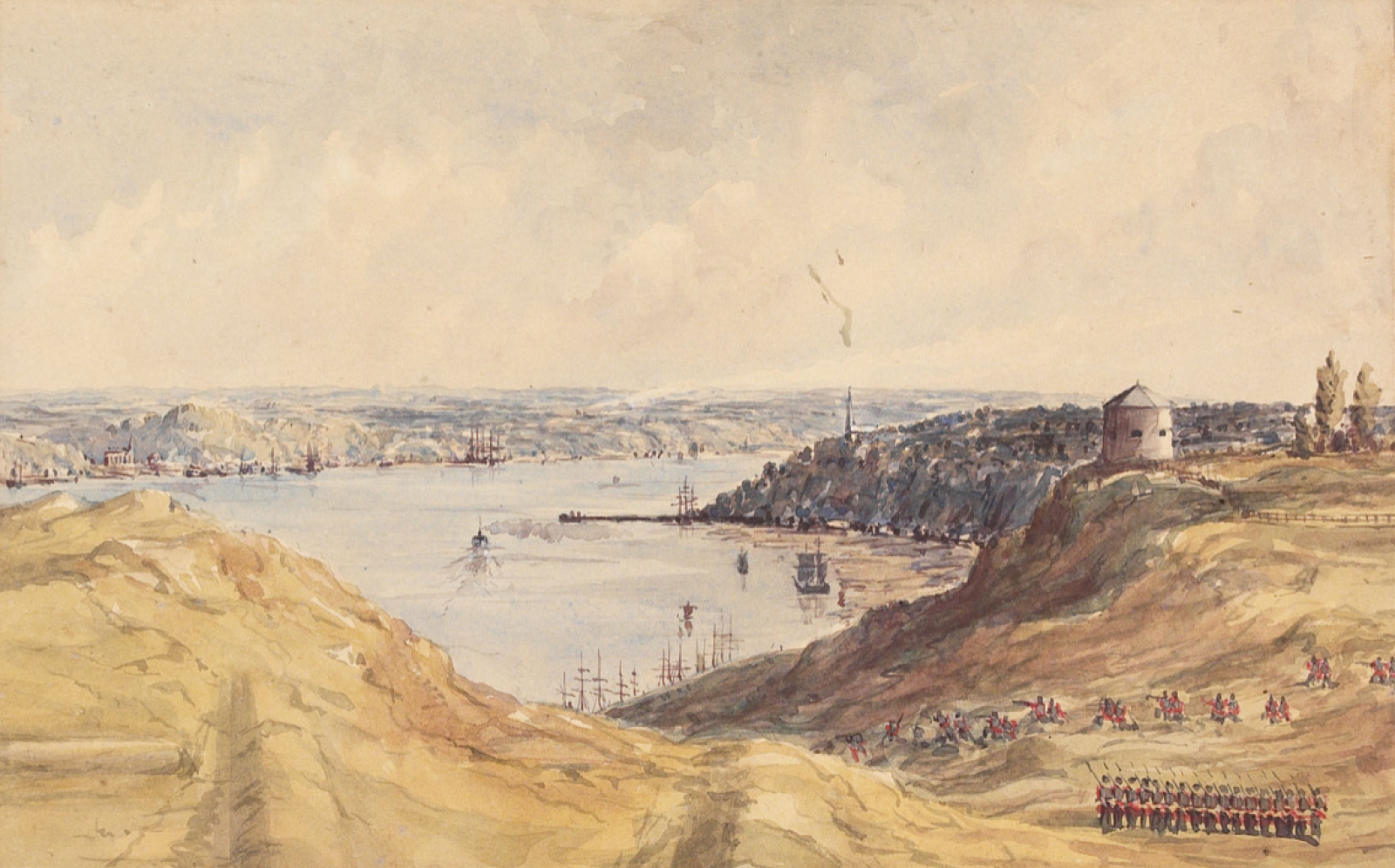 Vue vers le haut du fleuve Saint-Laurent depuis la Citadelle de Québec : manœuvres militaires près de la tour Martello. 1863