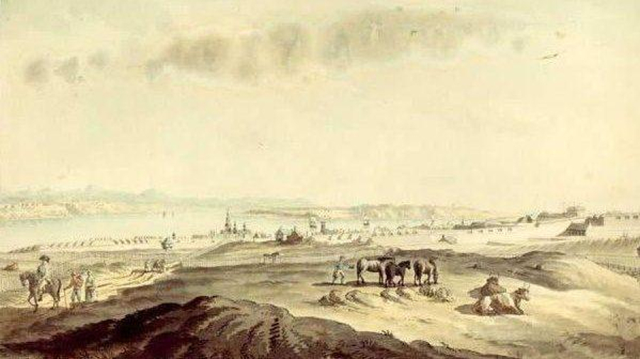Vue des hauteurs de Québec à la fin du 18e siècle.
Source: J. Peachey, Vue des fortifications depuis les hauteurs, 1784, BAC. // View of the Heights of Québec at the end of the eighteenth century.
Credit: J. Peachey, Vue des fortifications depuis les hauteurs, 1784, LAC.