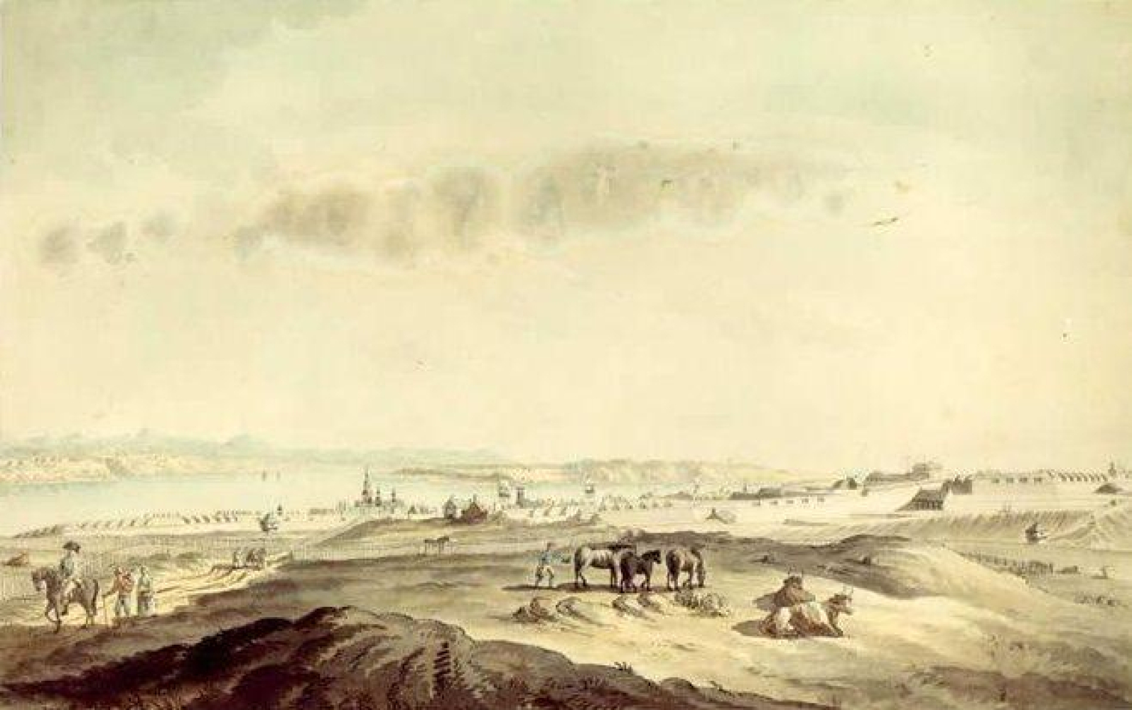 Vue des hauteurs de Québec à la fin du 18e siècle.
Source: J. Peachey, Vue des fortifications depuis les hauteurs, 1784, BAC.