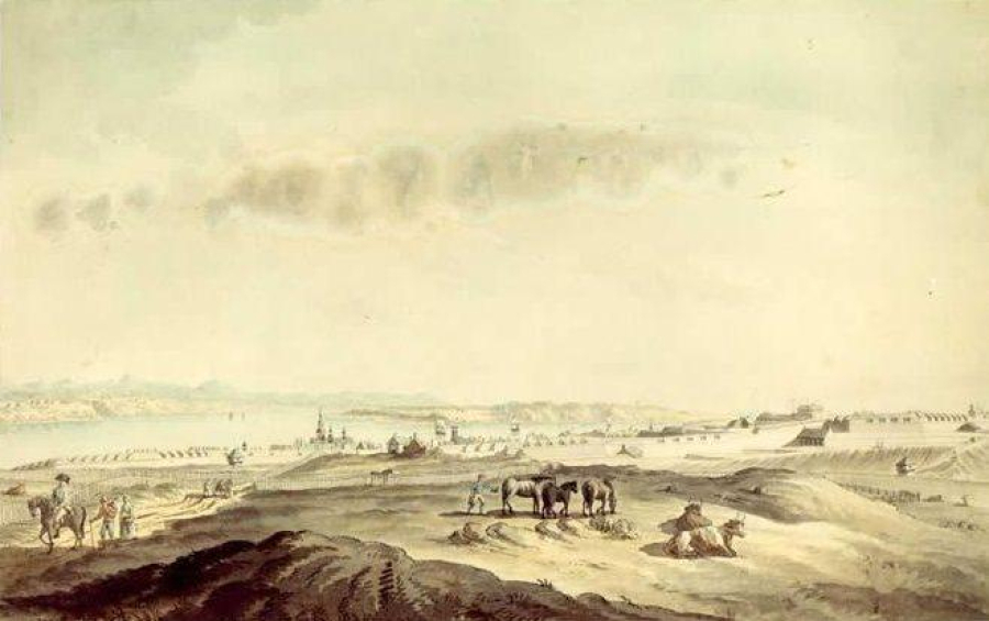 Vue des hauteurs de Québec à la fin du 18e siècle.
Source: J. Peachey, Vue des fortifications depuis les hauteurs, 1784, BAC.