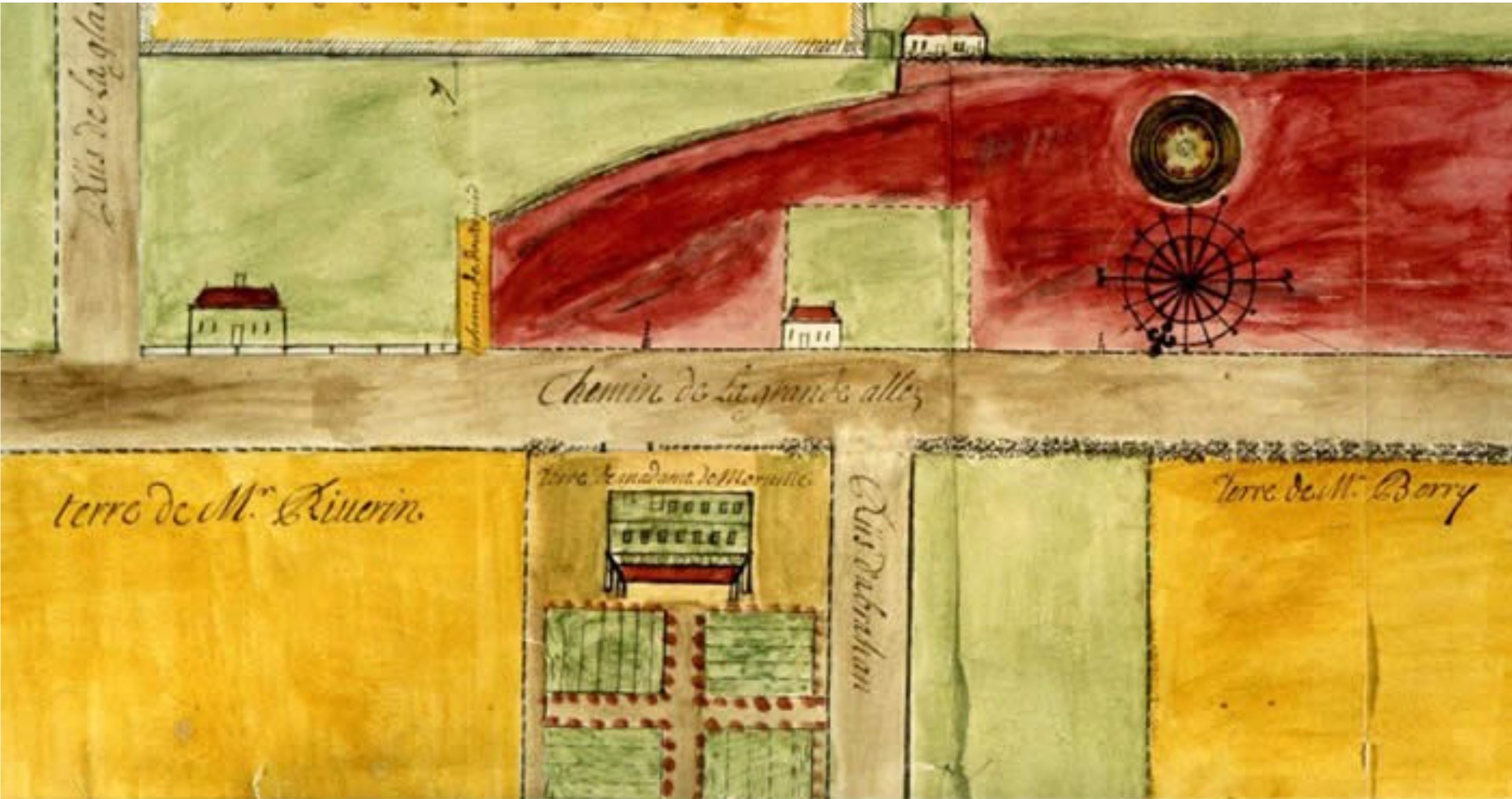 Ce plan de 1734 porte la première mention localisée avec précision du toponyme Abraham. La « rue d’Abraham » rejoint le Chemin de la Grande Allée, mais sans prolongement au sud, site actuel des plaines d’Abraham. Source: Henry Hiché, Plan annexé à un contrat notarié, BANQ.