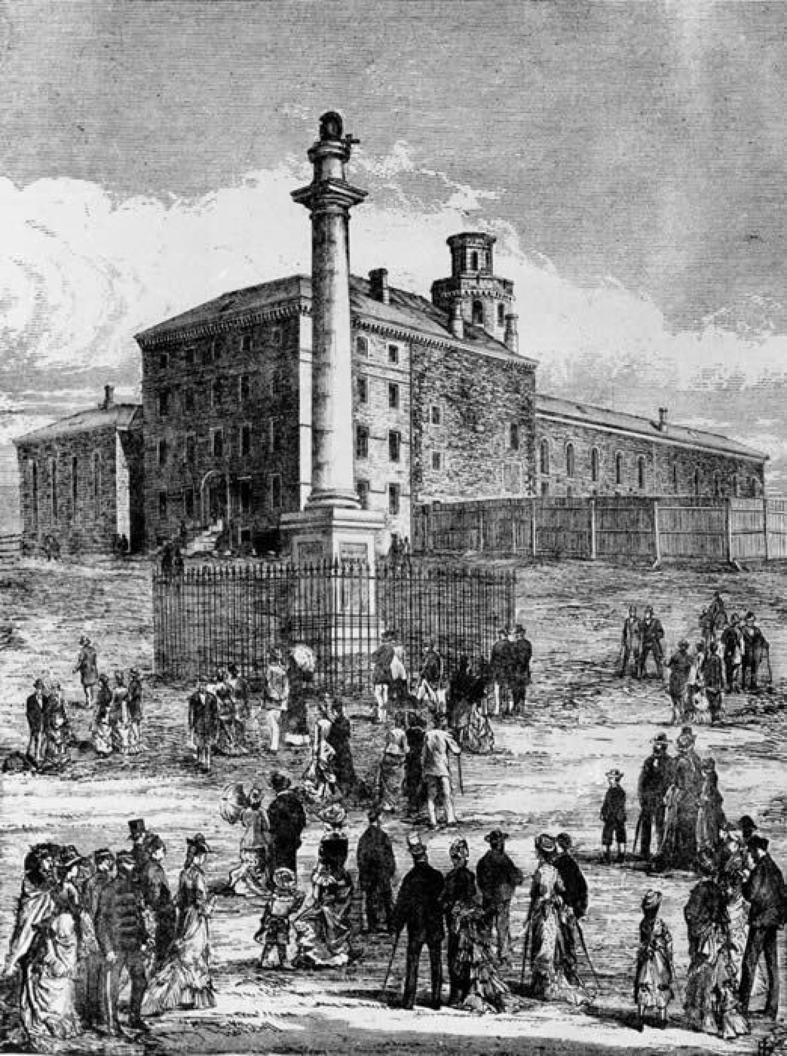 Le monument Wolfe sur les plaines d’Abraham, 1880; en arrière-plan, la prison.
Source : L’Opinion publique, 10 juin 1880.