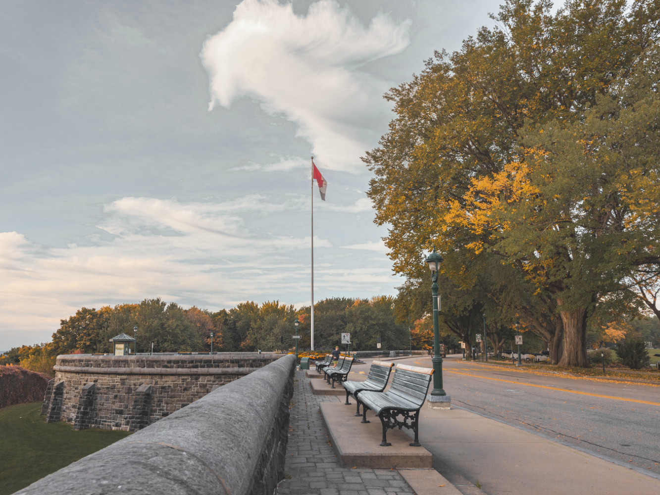 Benches and Canadian flag on Grey Terrace in Quebec, with trees in the background. Bancs et drapeau du Canada de la terrasse Grey de Québec avec des arbres en arrière-plan.