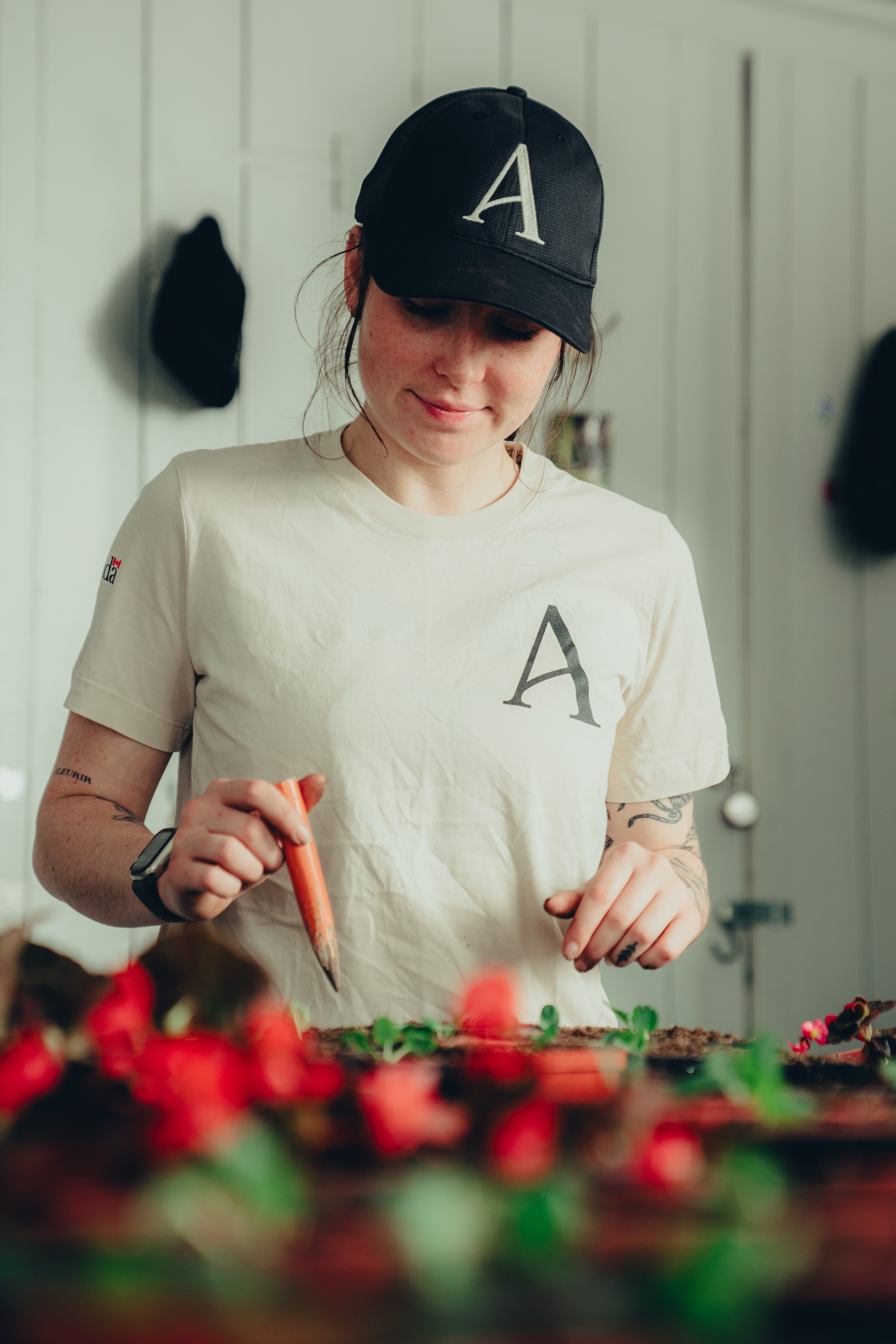 Une employée de l'équipe horticole des plaines portant un chandail beige et une casquette noir plantant des boutures de plantes. A female employee from the Plains horticultural team wearing a beige sweater and a black cap, planting plant cuttings.