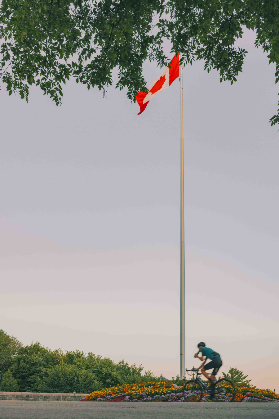 Cycliste roulant devant la terrasse Grey des plaines d'Abraham, on aperçoit le drapeau du Canada.